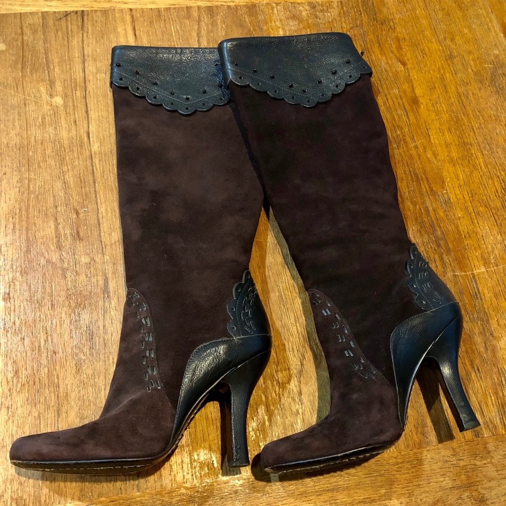 J Vincent Brown Suede & Leather Knee HI Boots w/Cuff Perforated Designs - 7.5M